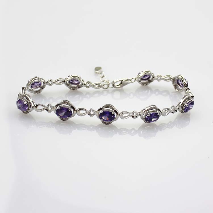 Sterling Silver Link 5x7mm Created Amethyst Cubic Zircon Tennis Bracelet (H08)