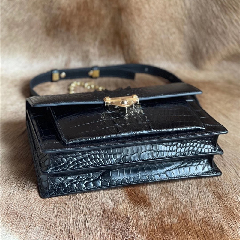 Authentic Crocodile Skin Women's Small Flap Purse Genuine Alligator Leather Two Straps Lady Female Cross Shoulder Bag