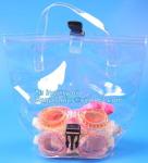 pvc packaging shopping handle bag with button, promotional clear tote pvc handle
