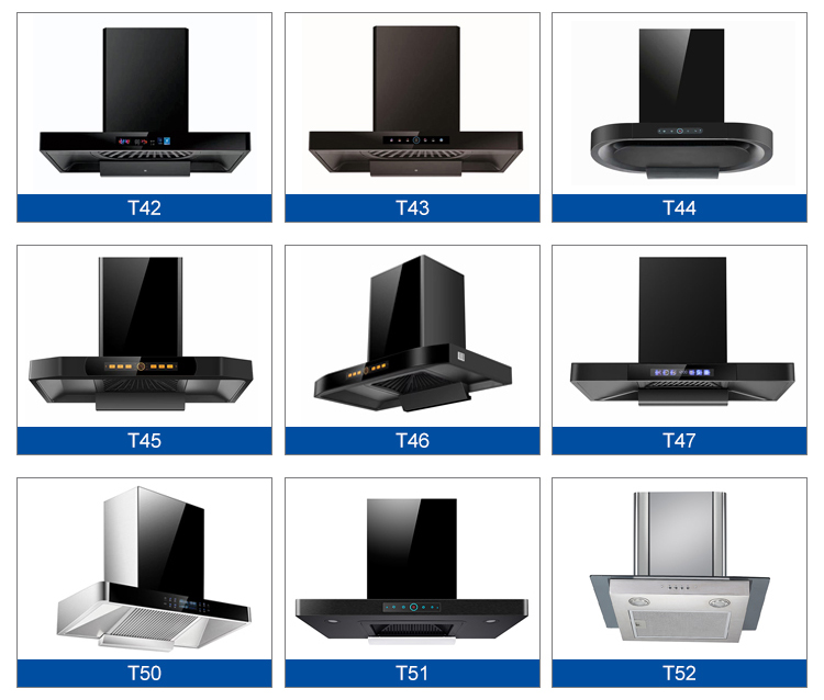 Sky Blue Glass Stainless Steel T Shape Chimney Hood Electric 183W Low Noise Wall Mounted Kitchen Range Hood