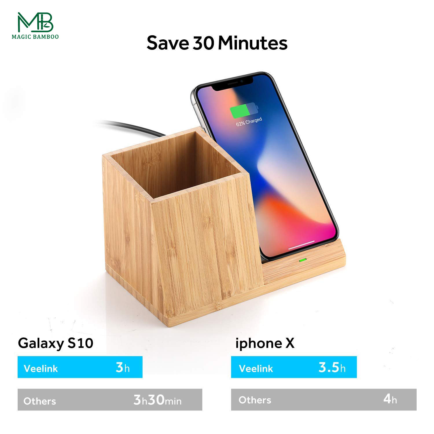 Bamboo Mobile Phone Wireless Charger With Pen Holder Simple
