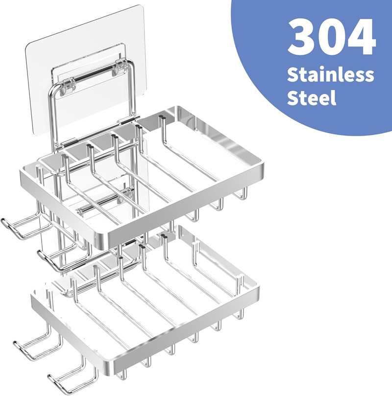 No Drilling Rustproof Stainless Steel Silver Double Soap Bar Holder for Shower