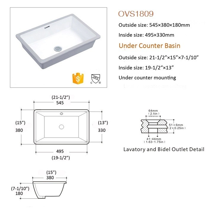 Modern Under Mount Installation Hand Wash Basin Rectangular Sink