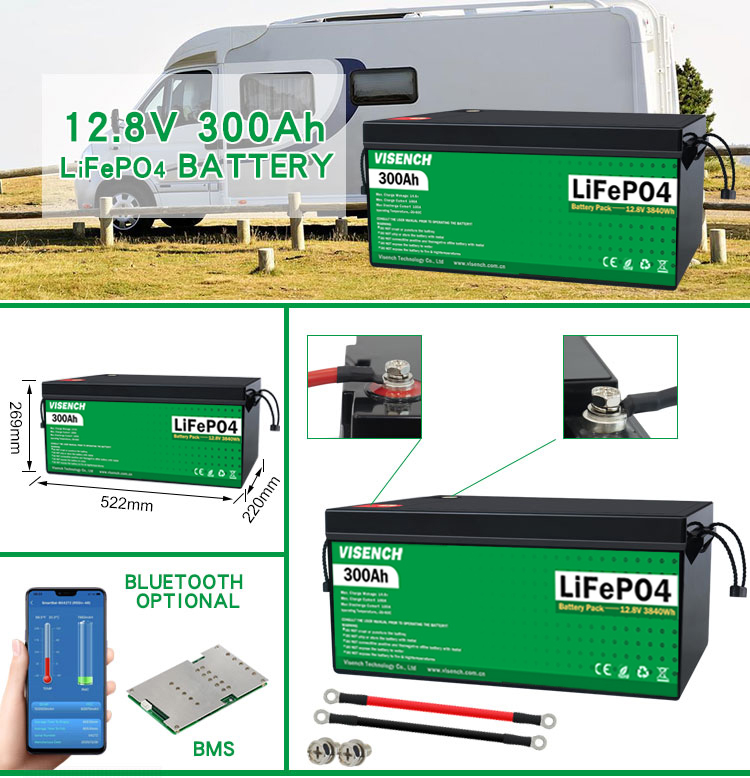 Visench Rechargeable Lithium Ion Batteries 12V 300Ah LiFePO4 Battery Pack