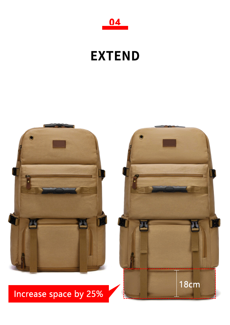 56-77Litre Vintage Canvas Laptop Backpack Khaki Color Waterproofing