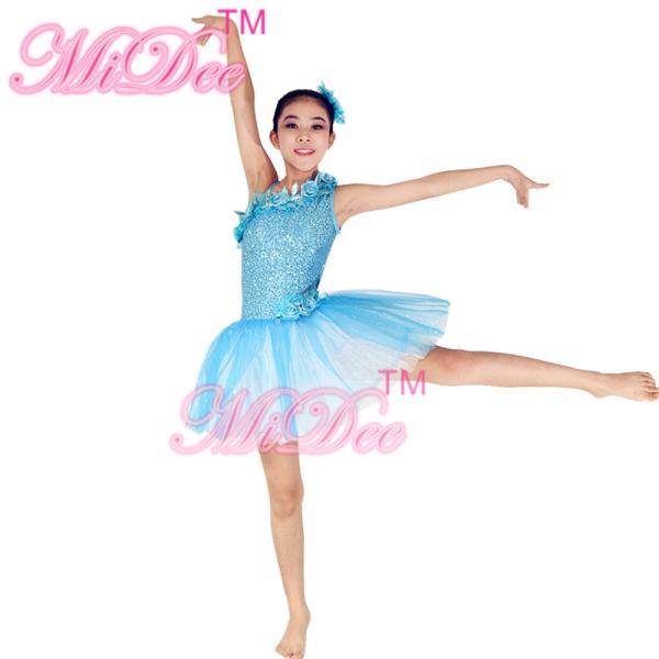 Quality Diagonal Neckline Glitter Floral Tutu Dress Blue Little Girls Dance Clothes for sale