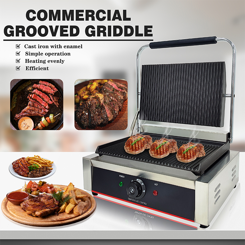 220V Commercial Electric Cast Iron Contact Sandwich Panini Press Maker Grill Griddle Machine