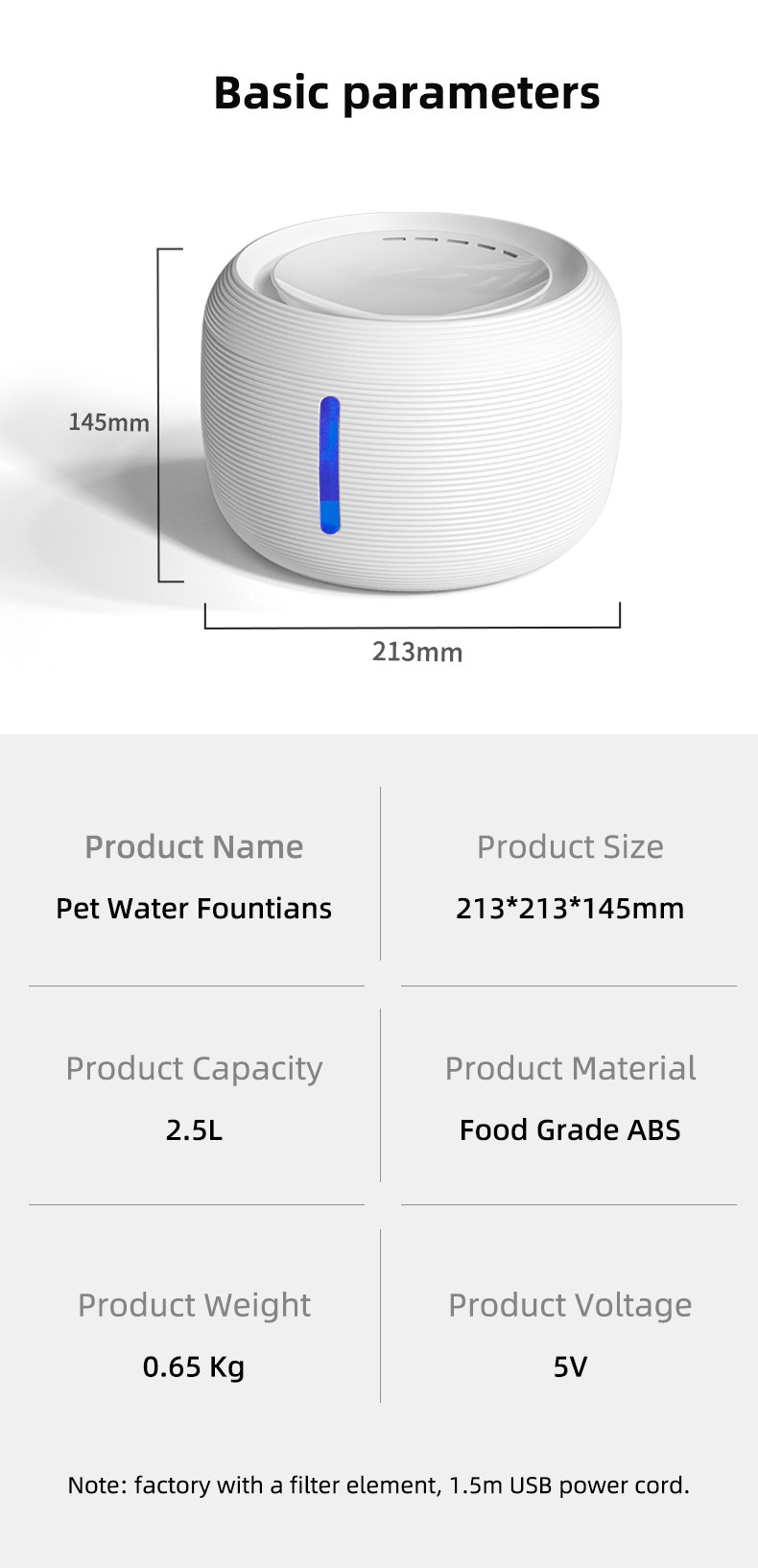 2.5L Large Capacity Pet Water Dispenser , 5V DC Pet Water Fountain