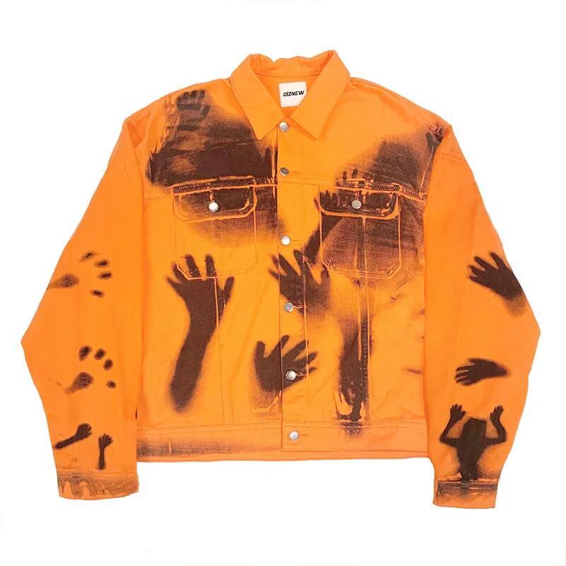 Jacket Button Orange Men′s Jackets & Coats Full Over Digital Printed Distressed Denim Jacket