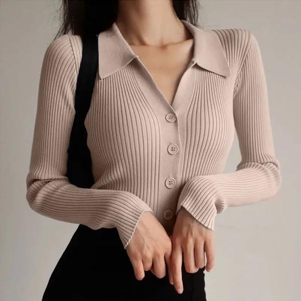 Buy cheap 2023 Lapel Slim Top Women′s Hollowed out Button Sexy V-Neck Long-Sleeved Polo Neck Knitted Cardigan Sweater Women′s from wholesalers