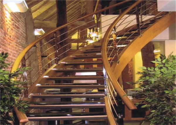 Buy cheap Clear Finish 38mm Wood Tread Building Curved Stairs With 4mm Cable Railing from wholesalers