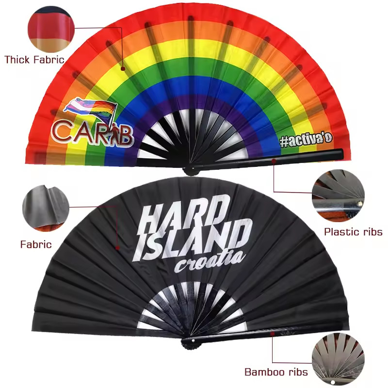 Custom Printed Large Folding Clack Hand Fan Sublimation UV Reactive Bamboo Handheld For Festival Raves