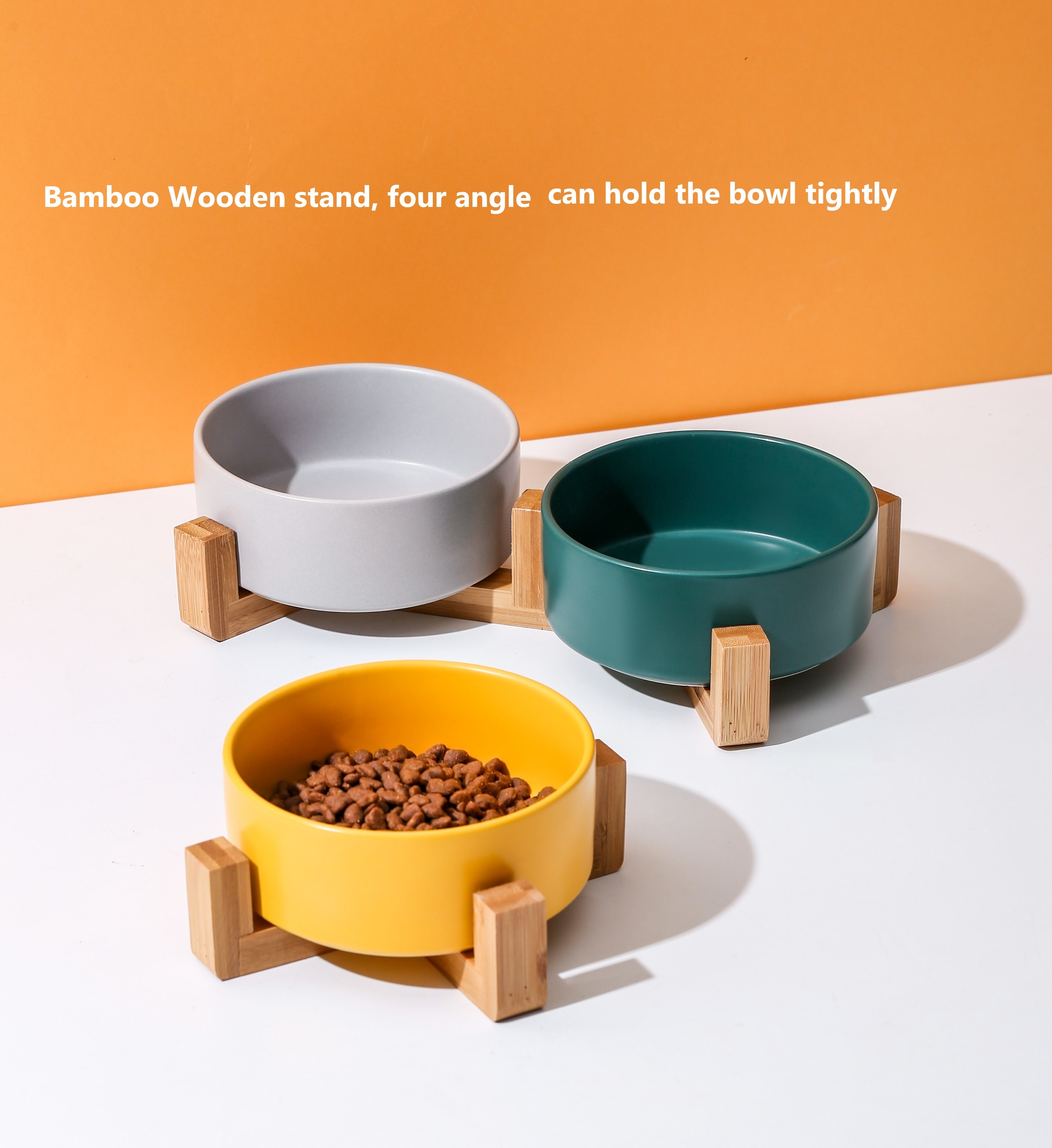 Ceramic Pet Feed Bowl With Wooden Stand Dog Food Drinking Bowl Dish