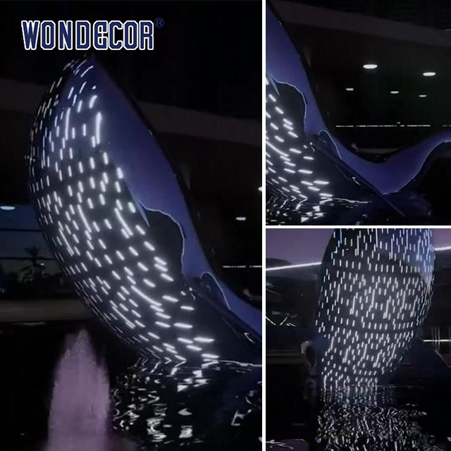 Large Outdoor Metal Art Abstract Marine Animals LED Lights Whale Stainless Steel Sculpture