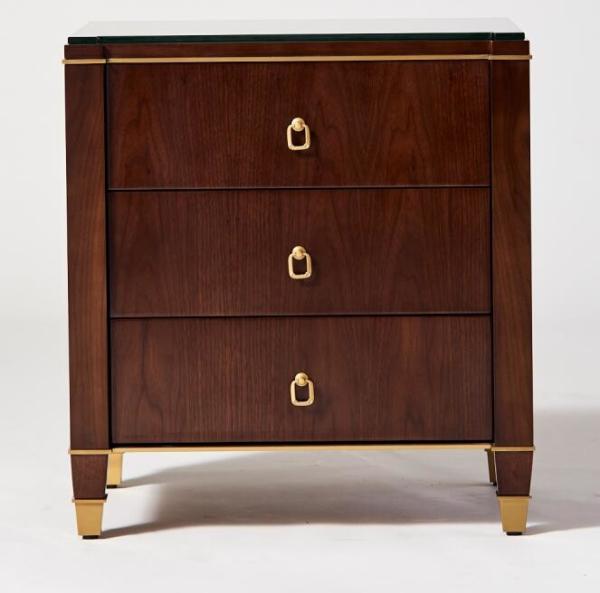 Glass top walnut wood veneer 3 drawers bed side table,night stand for hotel