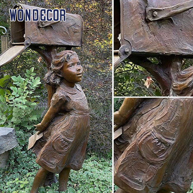 Little Girl Under A Copper Sculpture Metal Decorated Mailbox In Garden Courtyard