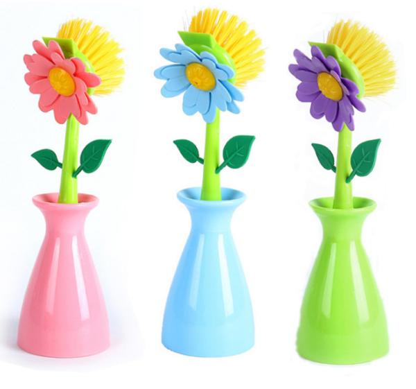 Buy cheap Colorful Flower Dish Brush Plastic Vase With Sponge Pad Sustainable from wholesalers