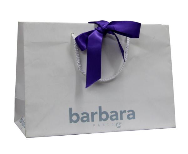 Buy cheap Coloured Paper Carrier Bag BarBara Logo Silk Screen Ribbon handle Foiled Logo for Lady Gift from wholesalers