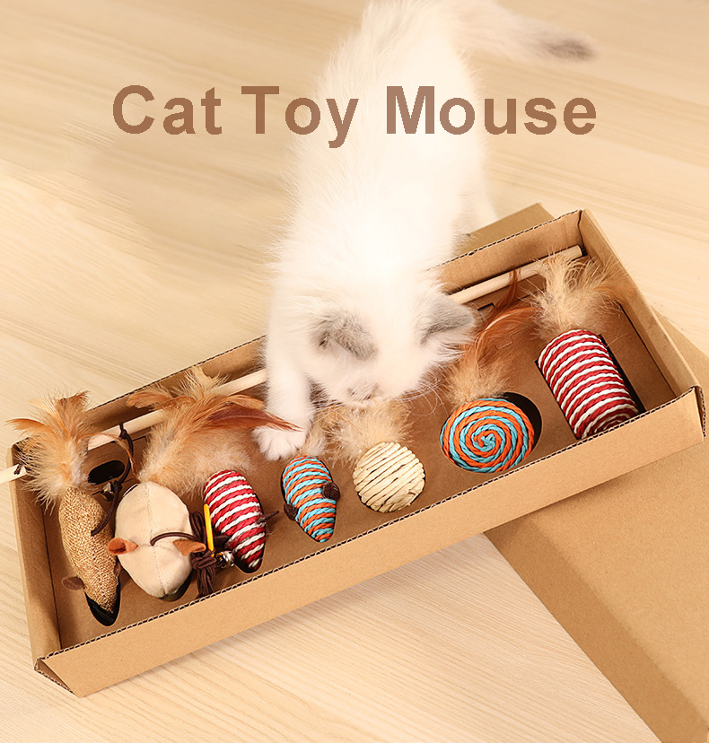 Cat Teaser Playing Cat Toys Interactive Set Wooden Gift Box 7pcs Cat Teaser Wand for Cats