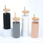 Customization 16 Oz Glass Beverage Bottles Glass Coffee Cups With Bamboo Lids
