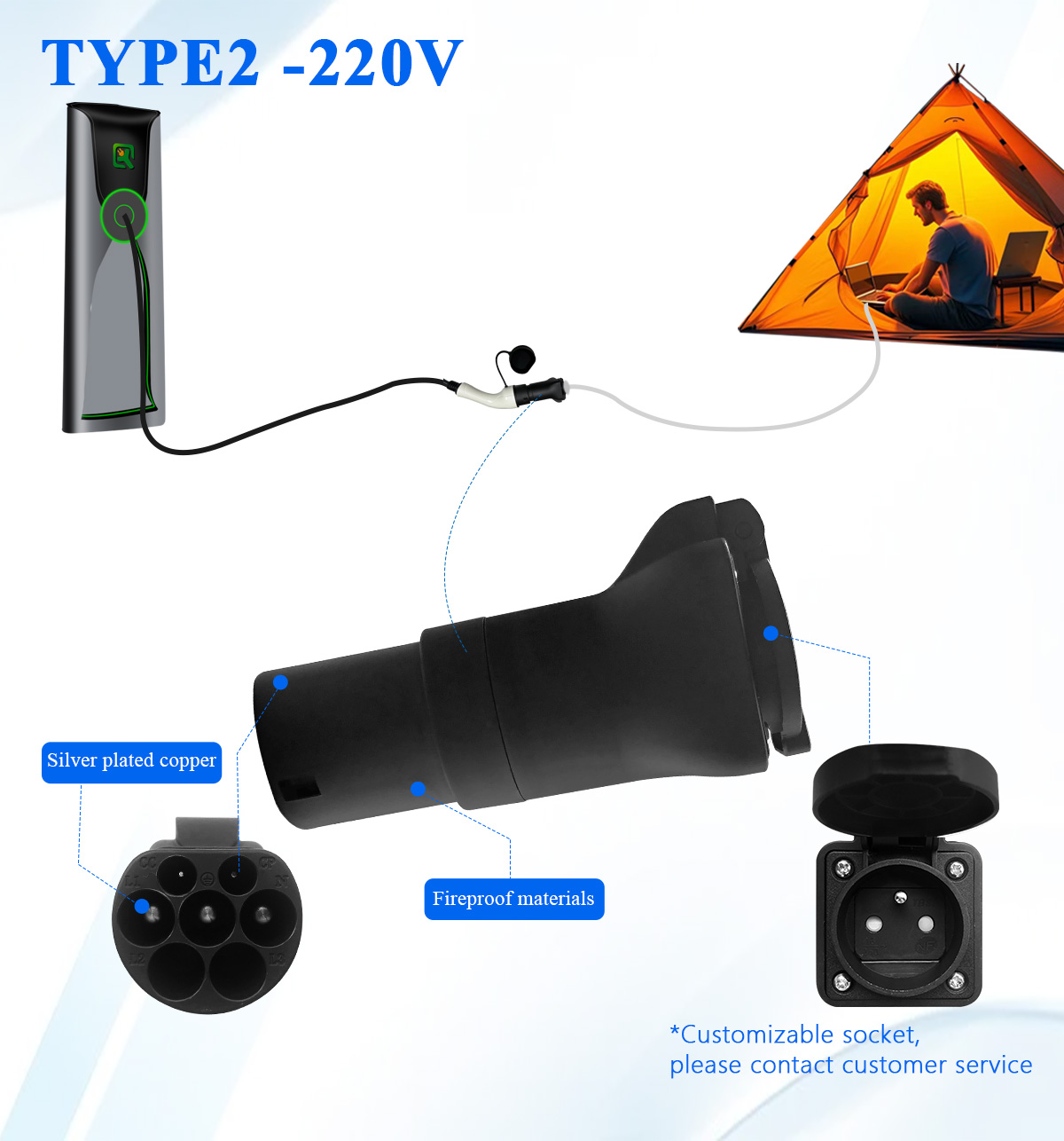 Black 16A 220V 3.5KW EV Charger Adapter Output Power for Car EV Discharger V2L Head Type 2 Charging Station V2L