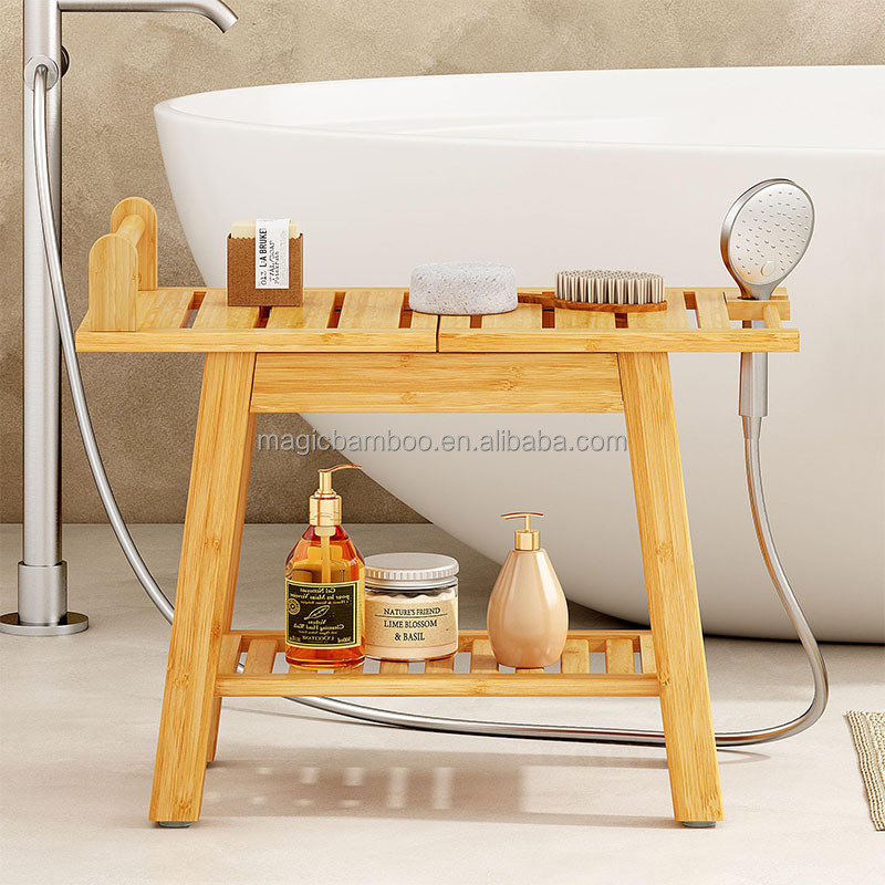 Eco-friendly 2-Tier Bamboo Shower Bench with Storage Shelf Natural Bamboo Color Spa Stool