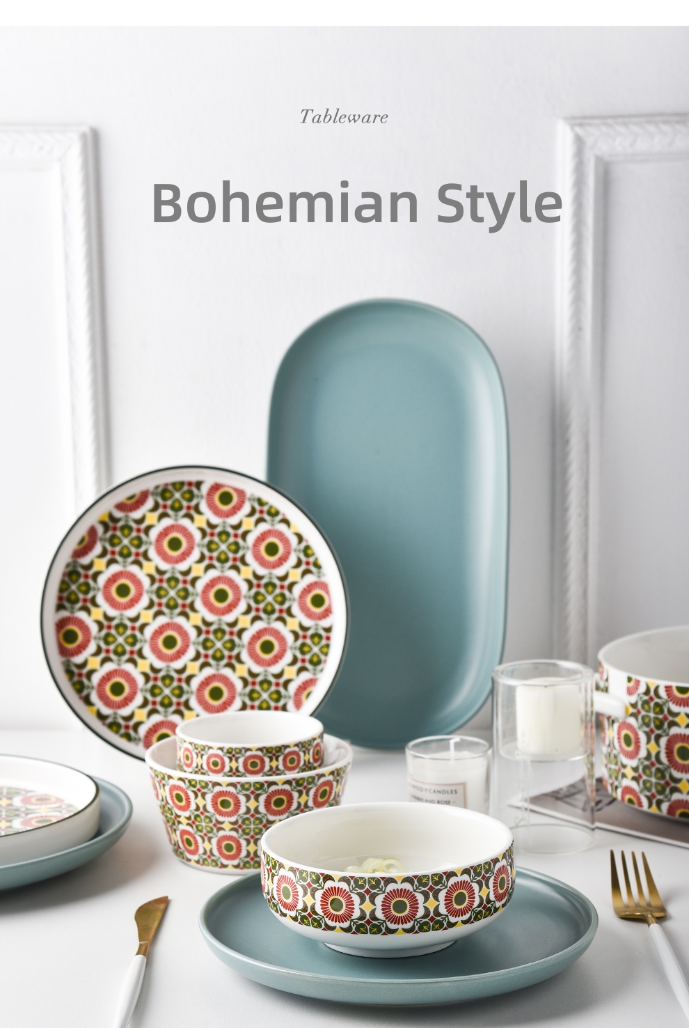 Under Glazed Technique 72 Pcs Bohemian Ceramic Dinnerware Set With Red And Blue Decal