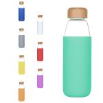 18oz Dishwasher Safe Round Glass Bottle Bamboo Lid Silicone Sleeve Tough