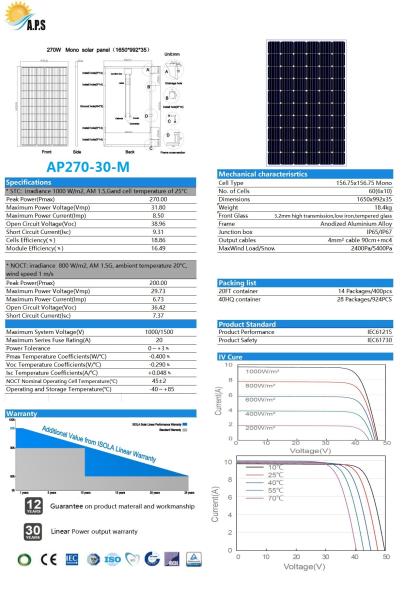 30V 60 Cells. 270W,275W,280W,285W Monocrystalline Module Solar Photovoltaic