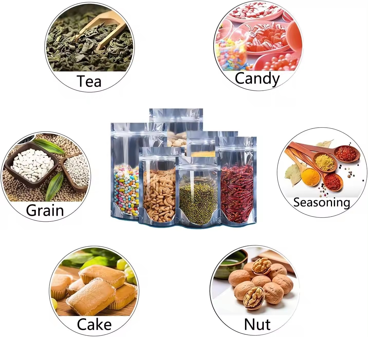 Resealable Aluminum Foil Food Bag Storing Candy Cookies Nuts Tea Vertical Zipper Bag With Transparent Window