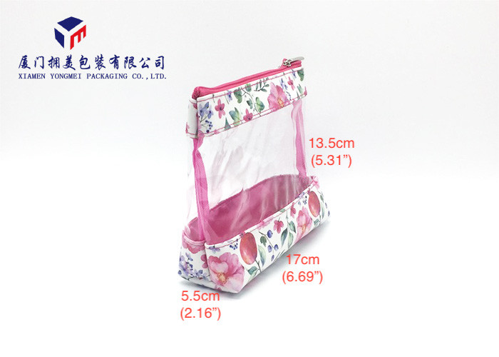 Leather Makeup Bag White PU Leather With Customized Printing Super Clear PVC Window