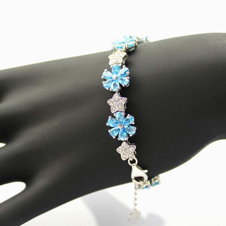 Sterling Silver Link Flower Blue Topaz Cubic Zircon Tennis Bracelet(B01BLUE)