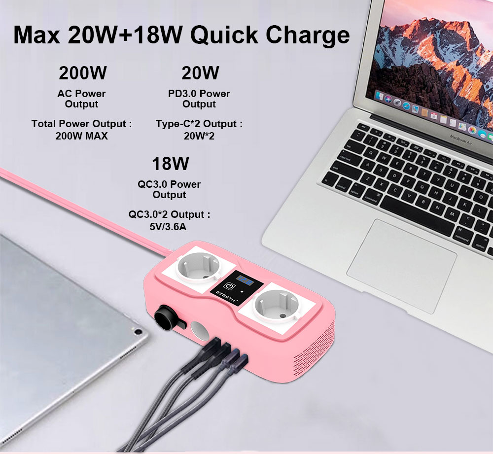 200W Car Inverter Charger Fast Charging 12V To 220V Pd Type C Socket Truck Power Inverter