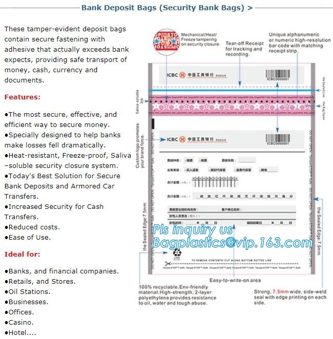 custom logo tamper tear proof plastic bank money envelopes mailing bag, Security Bag/Printed Plastic Security Bags For M