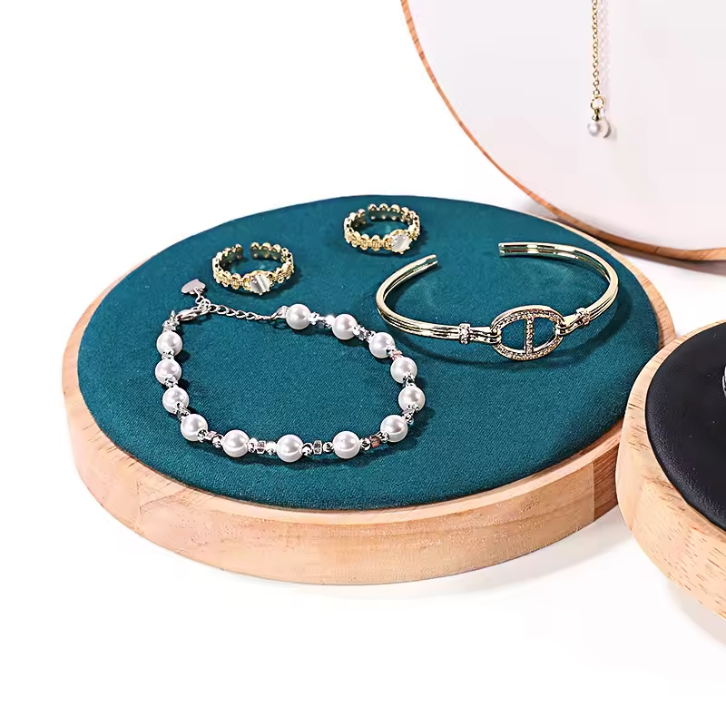 Flat Round Wood Pesentation Jewelry Bracelets Display Tray, Covered with Microfiber