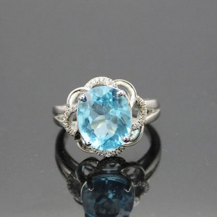 925 Silver Ring with 8mmX10mm Oval Blue Topaz Cubic Zirocnia Ring(F275)
