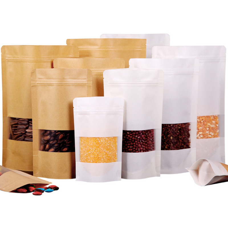 Standing Up Food Grade Brown Kraft Paper Zipper Poly Bags with Clear Window