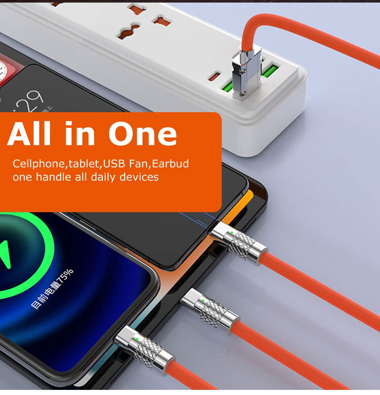 Super Fast Charging 120w 6A Liquid Silicone 3 in 1 Multi Connectors Micro Type C USB Data Charger Cable for Mobile Phone