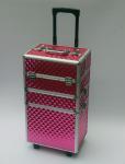 Three Layers Makeup Travel Case , Custom Pink Aluminum Makeup Trolley Case