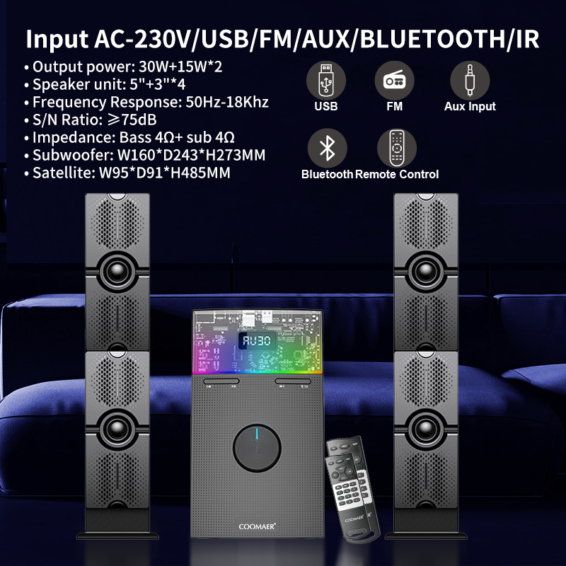 Home Kit Multimedia Computer RGB Speaker 2.1 Subwoofer with ABS Plastic MDF Wooden Box