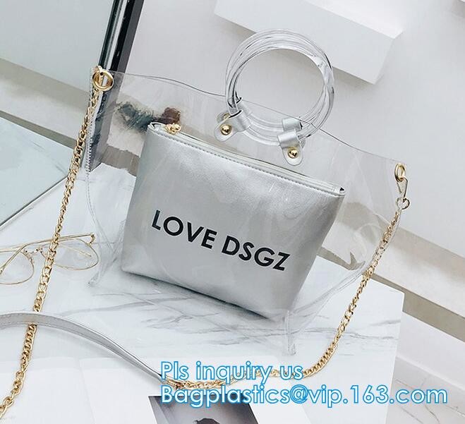 fashion women's handbag tote bag with zipper shopping bag ladies handbag shiny durable clear PVC lady bag with pouch