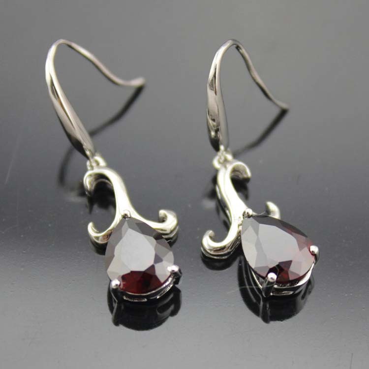 Sterling Silver 7mmx9mm Pear Shape Amethyst Cubic Zircon Dangle Earrings (PSJ03495)