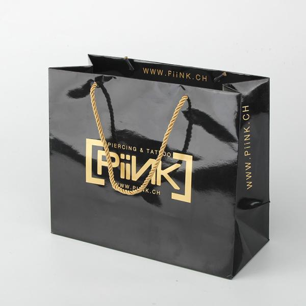 Buy cheap Shiny Paper Shopping Bag Promotional Black Customize Paper Bags With Gold Foil Logo from wholesalers
