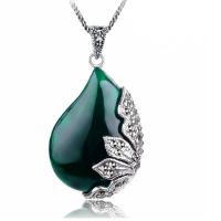 Buy cheap Vintage Jewelry 925 Silver Green Agate Marcasite Drop Pendant Necklace 18 Inches product