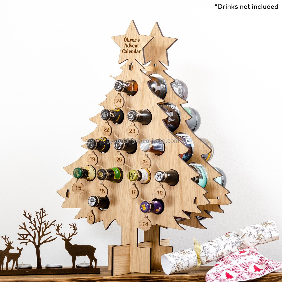 Customize Christmas Tree Shape Great Gift For Home Decor Wooden holder for Adult Advent Calendar Wooden Bottle Holder
