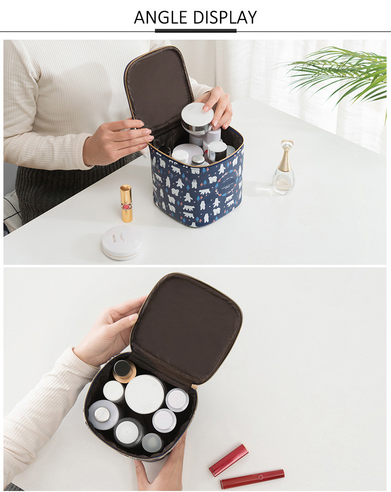Barrel Shape Professional Travel Cartoon Printed PU Leather Cosmetic Bag