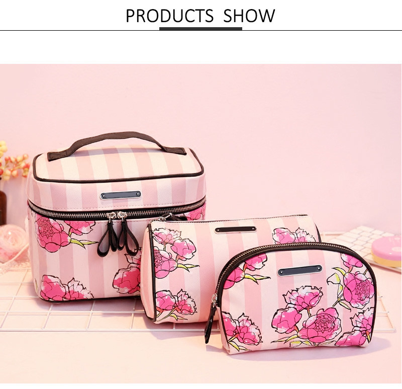 Beauty Make Up Flower Printing PU Leather Cosmetic Bag Set