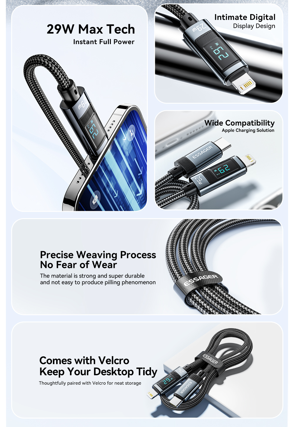 ESSAGER ES-X47 1m 2m PD29W Wired Braided Portable Usb C To Lightning Cable For Fast Charging