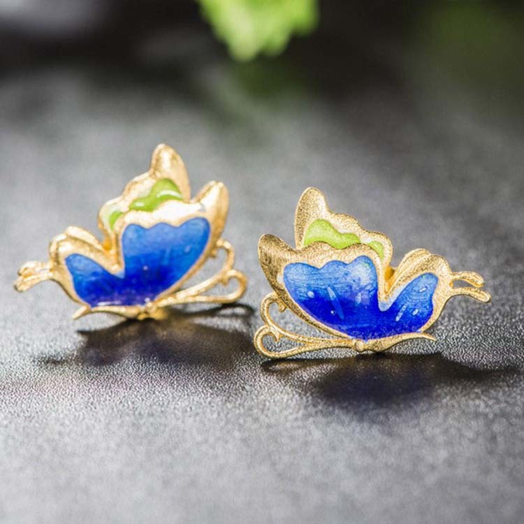 Women Fashion Blue Enamel Sterling Silver Stud Earrings with 18K Gold Plated (E6050603)