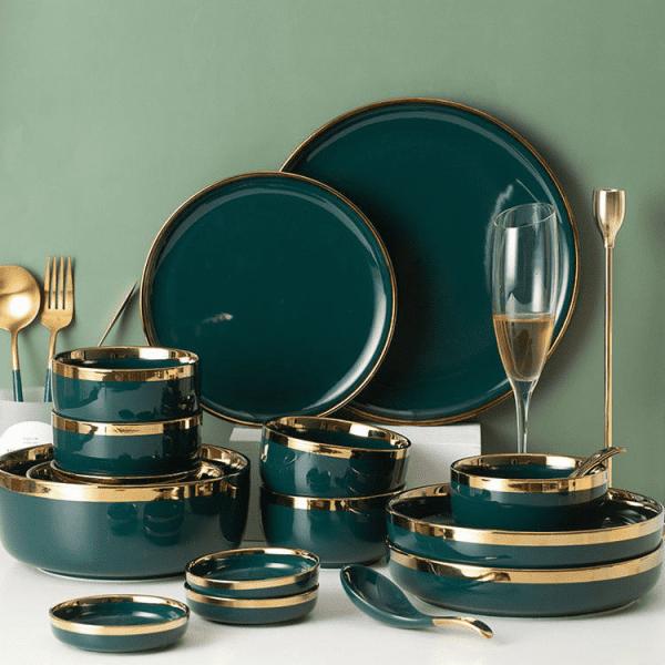 Buy cheap Hot Sale Exquisite Life High Quality Gold Frame Dark Green Home Porcelain Dinner Set Ceramic Tableware Set from wholesalers